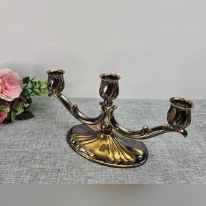 Midcentury Metal Gold Tone 3 arm Candelabra Candlestick